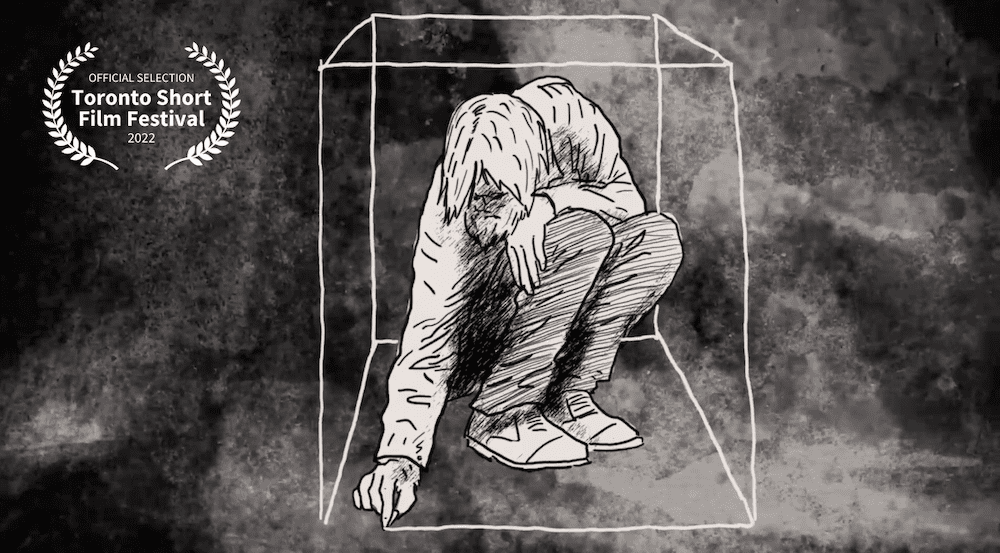 Title card for claws poem video with animated sketch of a man in a box he's drawing