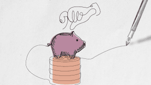 A hand drawn image of a hand dropping coins into a piggy bank